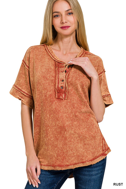 Womens Raw edge detailed button closure scoop neck top