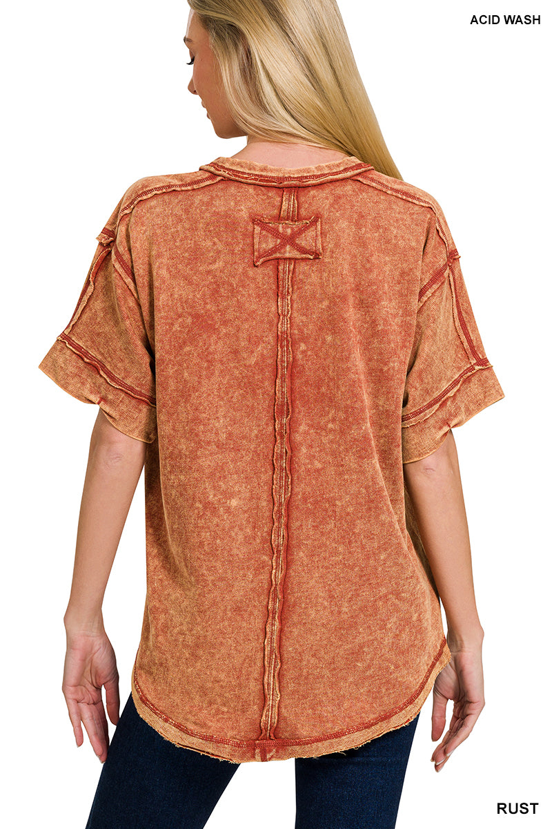 Womens Raw edge detailed button closure scoop neck top